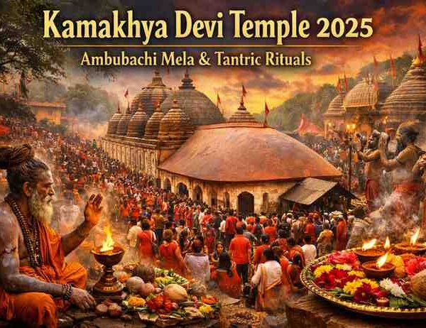 Kamakhya Devi Temple 2025 during Ambubachi Mela festival with sadhus performing tantric rituals and thousands of devotees gathering at the temple in Guwahati.