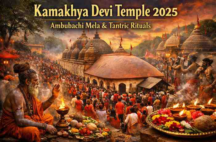 Kamakhya Devi Temple 2025 during Ambubachi Mela festival with sadhus performing tantric rituals and thousands of devotees gathering at the temple in Guwahati.