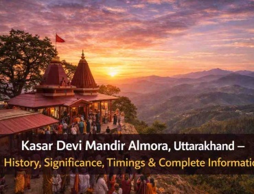 Kasar Devi Mandir in Almora, Uttarakhand at sunset, overlooking the Himalayan hills with devotees gathered at the sacred hilltop temple