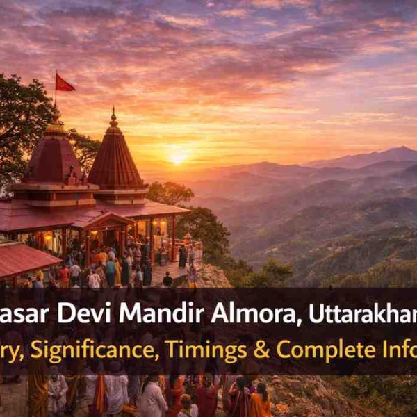 Kasar Devi Mandir in Almora, Uttarakhand at sunset, overlooking the Himalayan hills with devotees gathered at the sacred hilltop temple