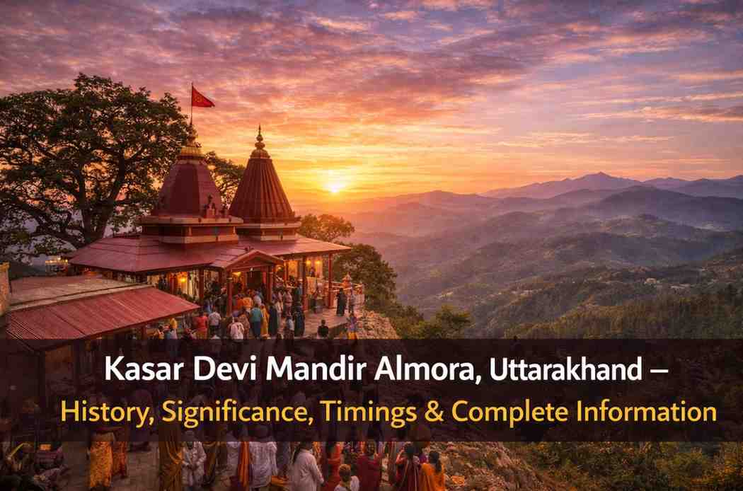 Kasar Devi Mandir in Almora, Uttarakhand at sunset, overlooking the Himalayan hills with devotees gathered at the sacred hilltop temple