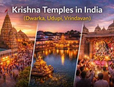 Krishna Temples in India featuring Dwarka, Udupi, and Vrindavan with devotees, evening aarti, and sacred temple architecture