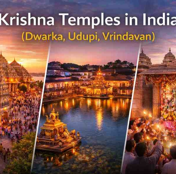 Krishna Temples in India featuring Dwarka, Udupi, and Vrindavan with devotees, evening aarti, and sacred temple architecture
