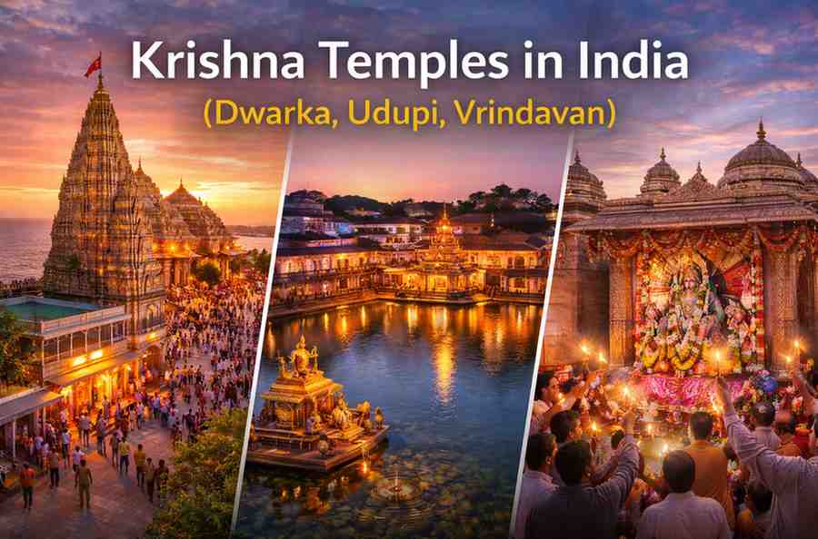 Krishna Temples in India featuring Dwarka, Udupi, and Vrindavan with devotees, evening aarti, and sacred temple architecture