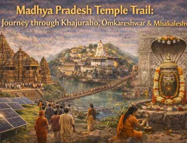 Madhya Pradesh temple trail collage showing Khajuraho temples, Omkareshwar Jyotirlinga on Narmada River island, and Mahakaleshwar Jyotirlinga with devotees.