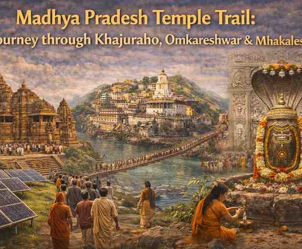 Madhya Pradesh temple trail collage showing Khajuraho temples, Omkareshwar Jyotirlinga on Narmada River island, and Mahakaleshwar Jyotirlinga with devotees.
