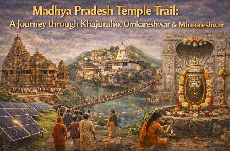 Madhya Pradesh temple trail collage showing Khajuraho temples, Omkareshwar Jyotirlinga on Narmada River island, and Mahakaleshwar Jyotirlinga with devotees.