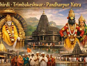 Shirdi Sai Baba temple, Trimbakeshwar Jyotirlinga temple, and Pandharpur Vitthal Rukmini temple collage showing Maharashtra pilgrimage yatra.