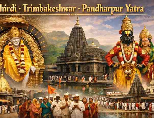 Shirdi Sai Baba temple, Trimbakeshwar Jyotirlinga temple, and Pandharpur Vitthal Rukmini temple collage showing Maharashtra pilgrimage yatra.