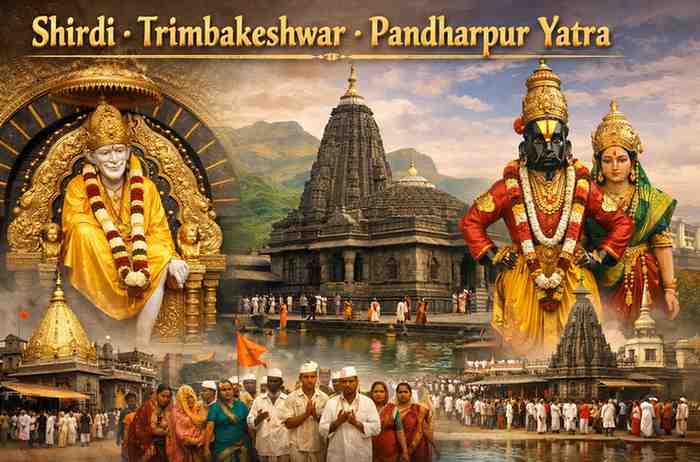 Shirdi Sai Baba temple, Trimbakeshwar Jyotirlinga temple, and Pandharpur Vitthal Rukmini temple collage showing Maharashtra pilgrimage yatra.