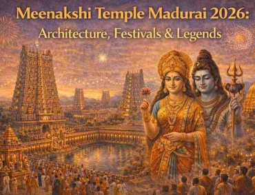 Meenakshi Amman Temple in Madurai with Goddess Meenakshi and Lord Sundareswarar, colorful temple towers, festival celebration, and devotees.