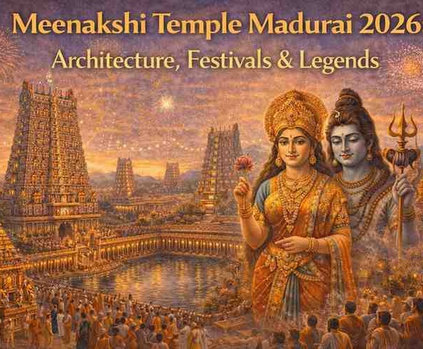 Meenakshi Amman Temple in Madurai with Goddess Meenakshi and Lord Sundareswarar, colorful temple towers, festival celebration, and devotees.