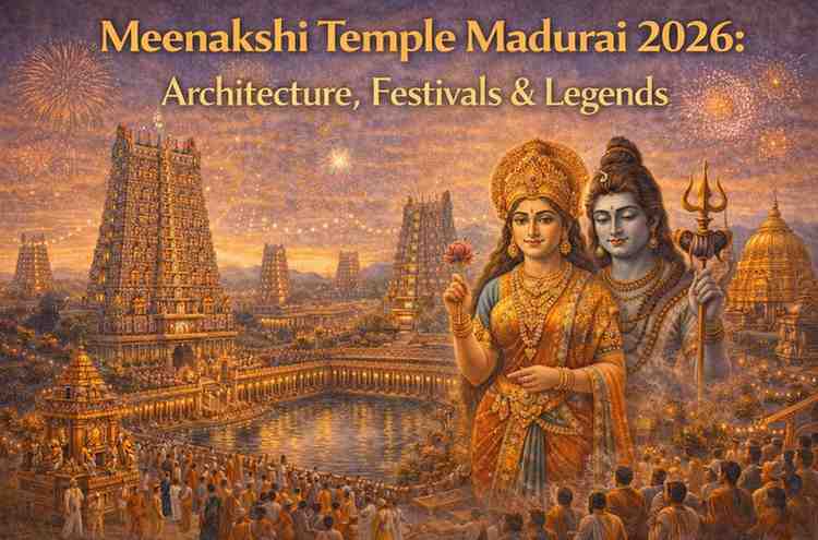 Meenakshi Amman Temple in Madurai with Goddess Meenakshi and Lord Sundareswarar, colorful temple towers, festival celebration, and devotees.