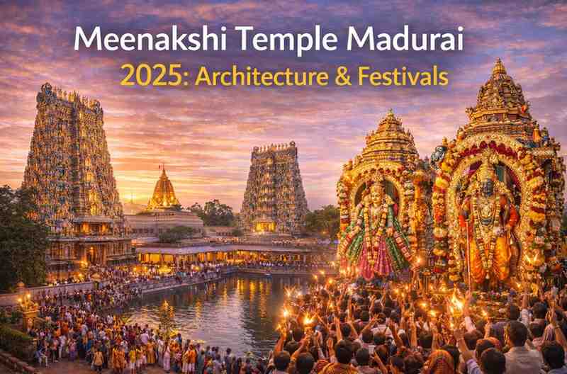 Meenakshi Temple Madurai 2025 showcasing colorful gopurams, temple tank, and grand festival procession during evening aarti