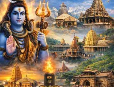 Most powerful Shiva temples in India collage featuring Lord Shiva and the 12 Jyotirlinga temples including Kedarnath, Somnath, Kashi Vishwanath, and Rameshwaram.