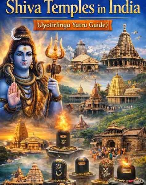 Most powerful Shiva temples in India collage featuring Lord Shiva and the 12 Jyotirlinga temples including Kedarnath, Somnath, Kashi Vishwanath, and Rameshwaram.