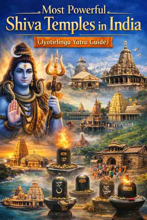 Most powerful Shiva temples in India collage featuring Lord Shiva and the 12 Jyotirlinga temples including Kedarnath, Somnath, Kashi Vishwanath, and Rameshwaram.