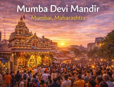 Mumba Devi Mandir in Mumbai during evening aarti with devotees, golden temple architecture glowing at sunset in Maharashtra