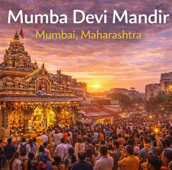 Mumba Devi Mandir in Mumbai during evening aarti with devotees, golden temple architecture glowing at sunset in Maharashtra