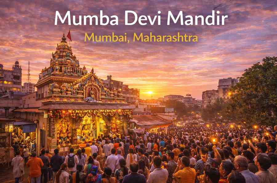Mumba Devi Mandir in Mumbai during evening aarti with devotees, golden temple architecture glowing at sunset in Maharashtra