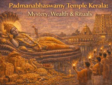 Padmanabhaswamy Temple Kerala showing Lord Vishnu reclining on Ananta with temple gopuram, sacred rituals, and legendary treasure.