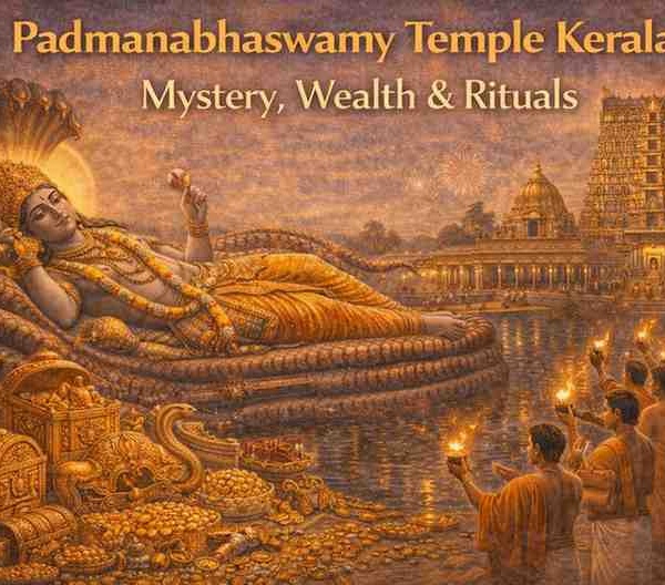 Padmanabhaswamy Temple Kerala showing Lord Vishnu reclining on Ananta with temple gopuram, sacred rituals, and legendary treasure.