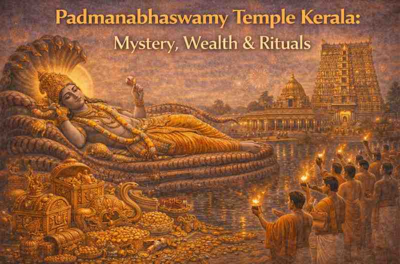 Padmanabhaswamy Temple Kerala showing Lord Vishnu reclining on Ananta with temple gopuram, sacred rituals, and legendary treasure.