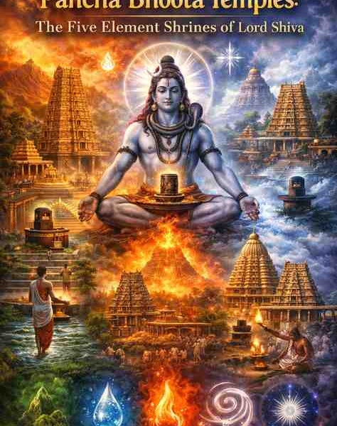 Pancha Bhoota temples of Lord Shiva illustration showing the five elements earth, water, fire, air, and space with sacred South Indian Shiva temples.