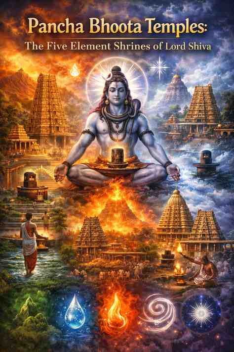 Pancha Bhoota temples of Lord Shiva illustration showing the five elements earth, water, fire, air, and space with sacred South Indian Shiva temples.