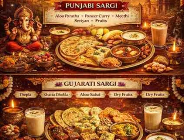 Regional Sargi Traditions infographic showing Punjabi, Gujarati, and UP/Bihari Sargi delicacies like paratha, thepla, kheer, dry fruits, and sacred fasting rituals