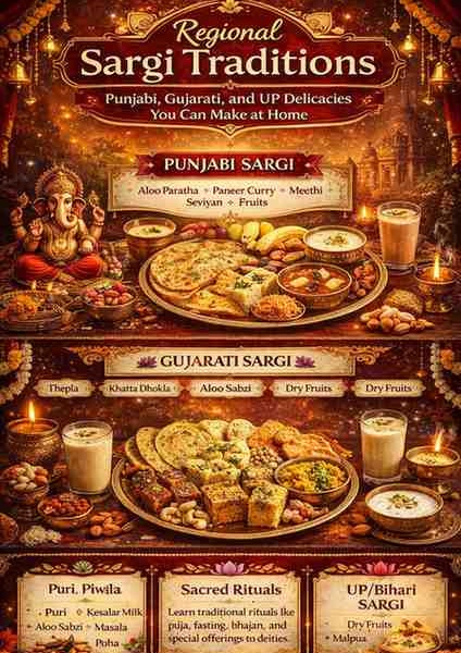 Regional Sargi Traditions infographic showing Punjabi, Gujarati, and UP/Bihari Sargi delicacies like paratha, thepla, kheer, dry fruits, and sacred fasting rituals