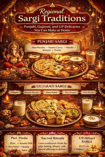 Regional Sargi Traditions infographic showing Punjabi, Gujarati, and UP/Bihari Sargi delicacies like paratha, thepla, kheer, dry fruits, and sacred fasting rituals