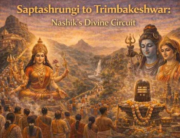 Saptashrungi Devi Temple and Trimbakeshwar Jyotirlinga pilgrimage route in Nashik showing devotees, Shiva Lingam, and divine Hindu deities.