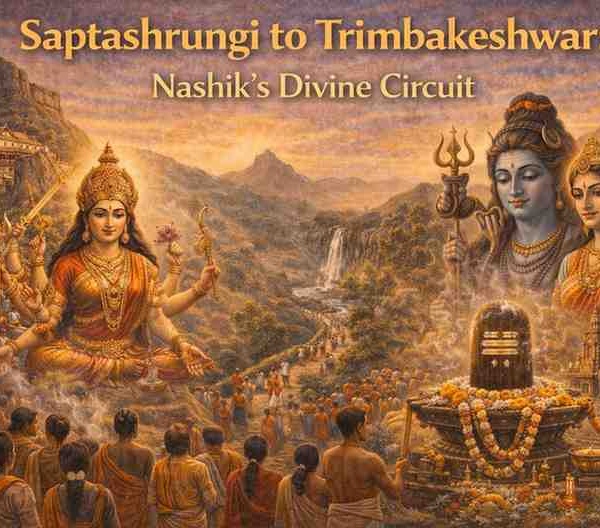 Saptashrungi Devi Temple and Trimbakeshwar Jyotirlinga pilgrimage route in Nashik showing devotees, Shiva Lingam, and divine Hindu deities.
