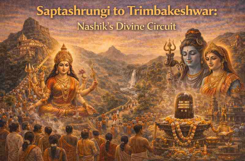Saptashrungi Devi Temple and Trimbakeshwar Jyotirlinga pilgrimage route in Nashik showing devotees, Shiva Lingam, and divine Hindu deities.