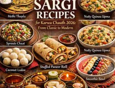10 easy and healthy Sargi recipes for Karwa Chauth 2026 featuring traditional Indian pre-dawn foods like fruits, sweets, nuts, and drinks arranged beautifully on a festive thali.