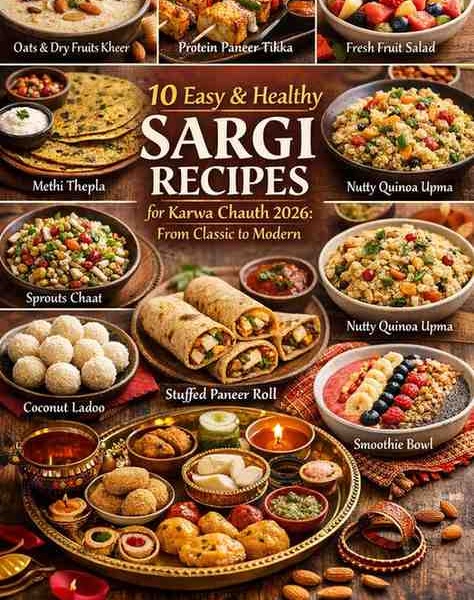 10 easy and healthy Sargi recipes for Karwa Chauth 2026 featuring traditional Indian pre-dawn foods like fruits, sweets, nuts, and drinks arranged beautifully on a festive thali.