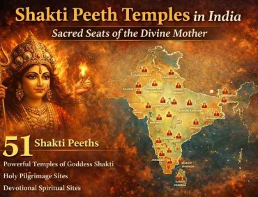 Map of 51 Shakti Peeth temples in India with Goddess Shakti illustration showing sacred pilgrimage sites of the Divine Mother