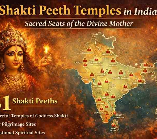 Map of 51 Shakti Peeth temples in India with Goddess Shakti illustration showing sacred pilgrimage sites of the Divine Mother