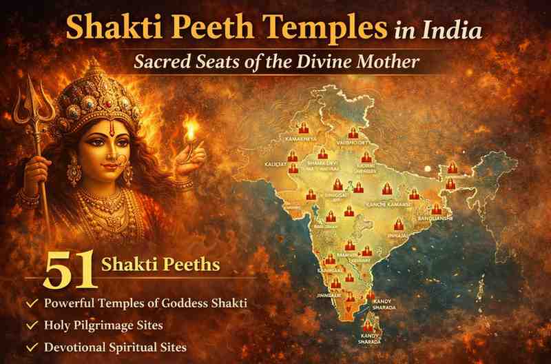 Map of 51 Shakti Peeth temples in India with Goddess Shakti illustration showing sacred pilgrimage sites of the Divine Mother