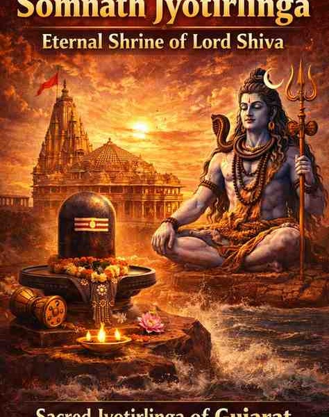 Somnath Jyotirlinga temple in Gujarat with Lord Shiva statue and sacred Shivling by the Arabian Sea representing the eternal shrine of Lord Shiva