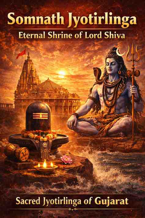 Somnath Jyotirlinga temple in Gujarat with Lord Shiva statue and sacred Shivling by the Arabian Sea representing the eternal shrine of Lord Shiva