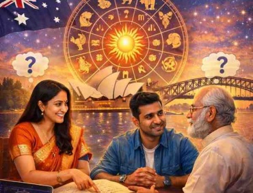"Digital illustration showing a Telugu couple consulting an astrologer with a zodiac chart, Sydney Opera House, and Australian flag, representing Telugu astrology guidance for NRIs in Australia