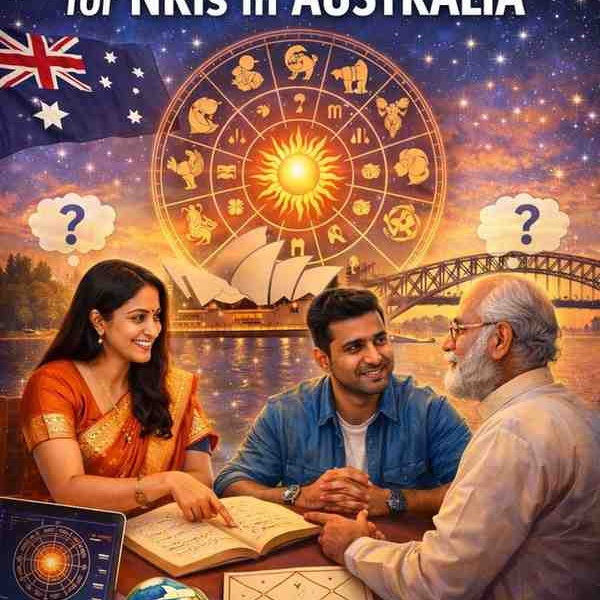 "Digital illustration showing a Telugu couple consulting an astrologer with a zodiac chart, Sydney Opera House, and Australian flag, representing Telugu astrology guidance for NRIs in Australia