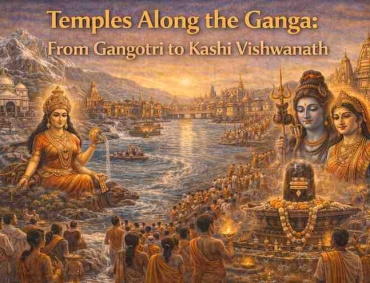 Temples along the Ganga from Gangotri to Kashi Vishwanath showing Goddess Ganga, Shiva Lingam, Himalayan temples, and devotees performing Ganga Aarti.