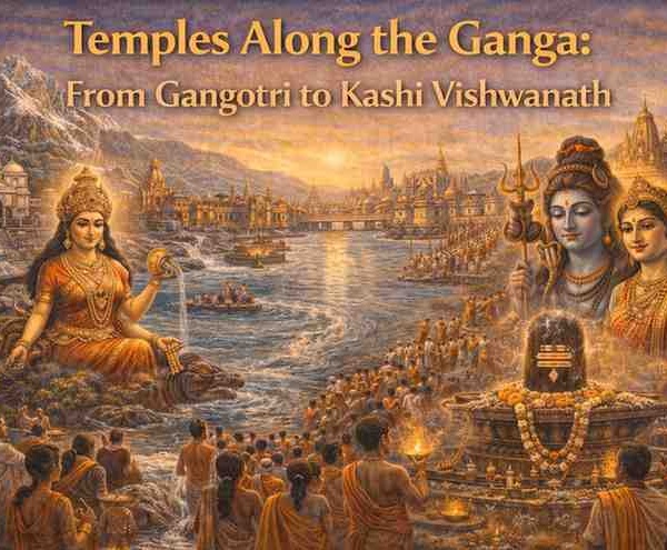 Temples along the Ganga from Gangotri to Kashi Vishwanath showing Goddess Ganga, Shiva Lingam, Himalayan temples, and devotees performing Ganga Aarti.
