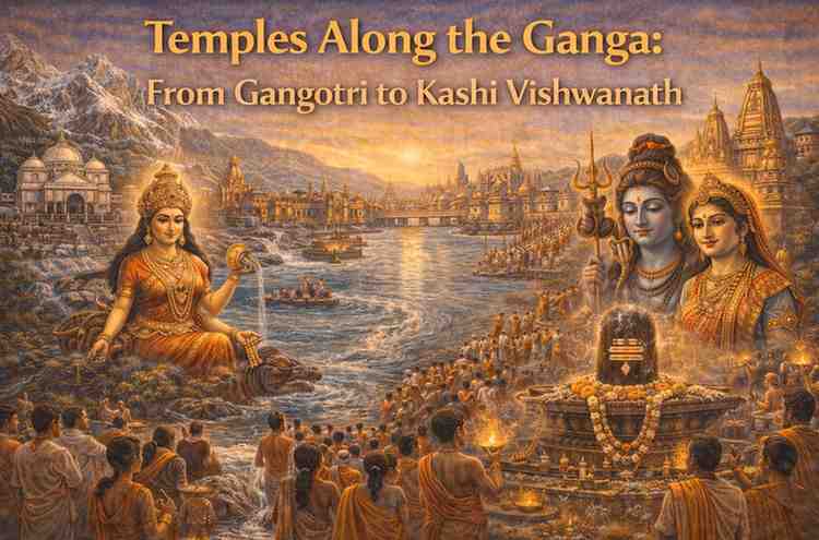 Temples along the Ganga from Gangotri to Kashi Vishwanath showing Goddess Ganga, Shiva Lingam, Himalayan temples, and devotees performing Ganga Aarti.