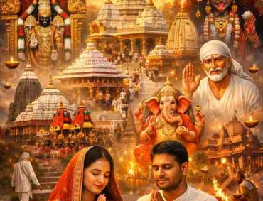 Temples where wishes come true in India collage featuring Tirupati Balaji, Jagannath Puri Rath Yatra, Shirdi Sai Baba, Siddhivinayak Ganesh, and devotees praying with diyas.