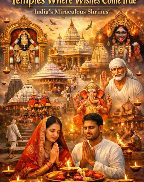 Temples where wishes come true in India collage featuring Tirupati Balaji, Jagannath Puri Rath Yatra, Shirdi Sai Baba, Siddhivinayak Ganesh, and devotees praying with diyas.