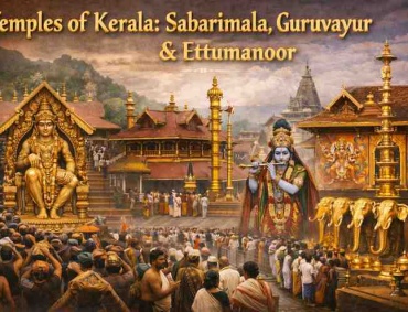 Temples of Kerala collage showing Sabarimala Ayyappa Temple, Guruvayur Krishna Temple, and Ettumanoor Mahadeva Temple with devotees and traditional Kerala temple architecture.